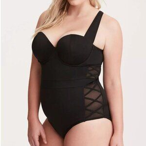 Torrid One 1 Piece Swimsuit Lattice Mesh Side Underwire Bra Black Plus Size 2X
